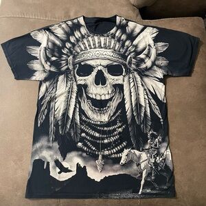 Skull Skeleton Indian Chief AOP Horse Feather Headdress Tshirt Mens M Y2K Vtg